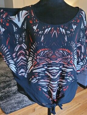 Myth NYC Womens Black Sheer Kimono Batwing Tie Top Boho Print Top Size Large